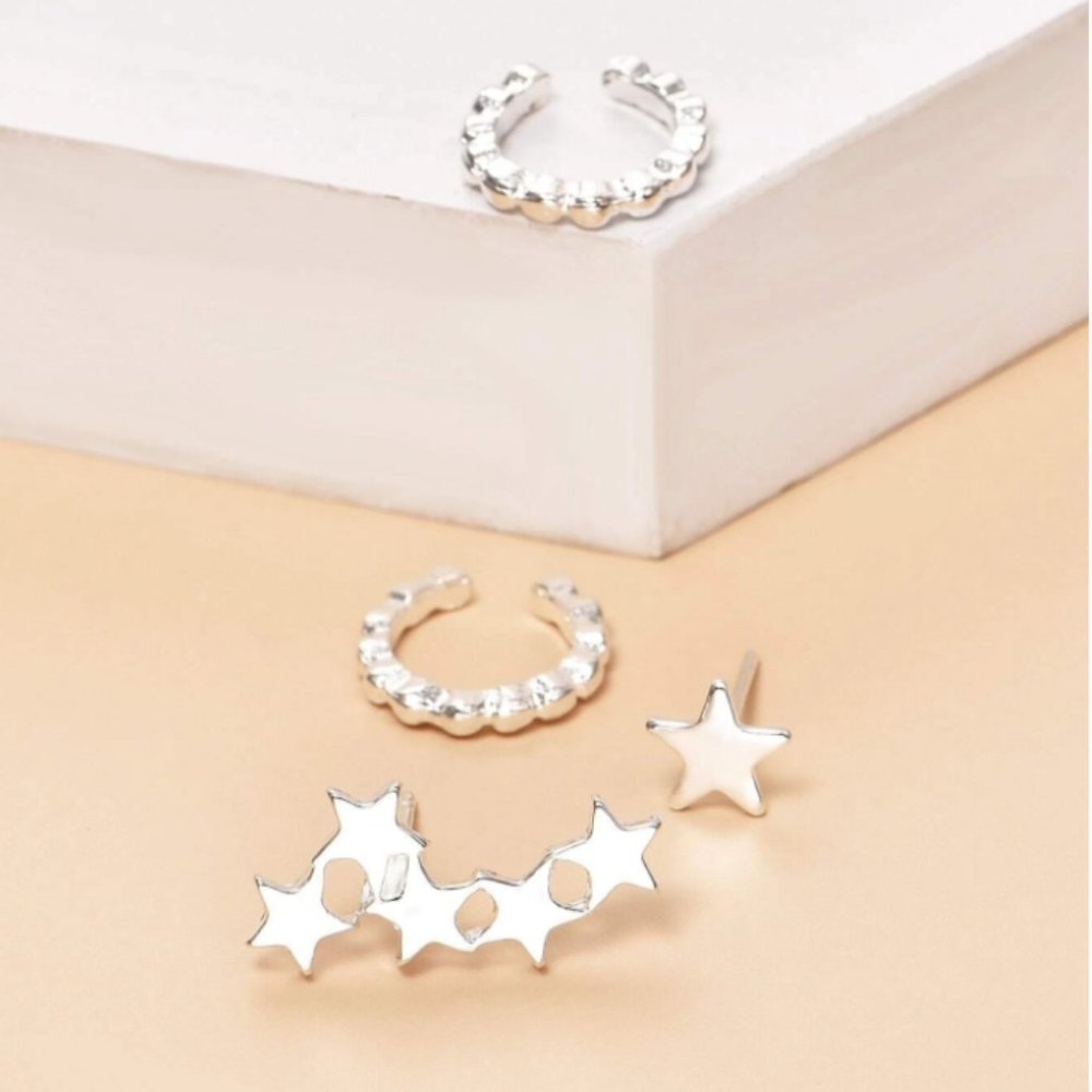 5 for $25 Silver Color 4 Piece Star Studs and Cuff - Picture 4 of 5